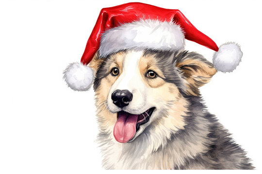 Watercolor of husky puppy wearing a red Christmas hat, happy puppy