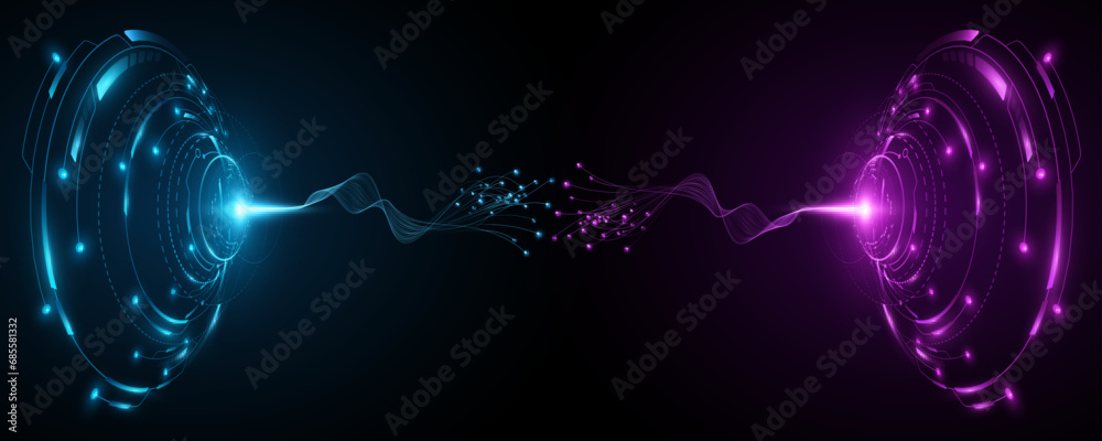 Poster futuristic hud circles with glowing neural connectors into cyberspace. big data analysis. digital sc