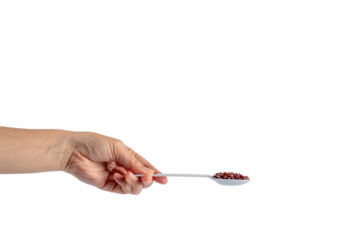 Red beans isolated on spoon plastic in hand on transparent background