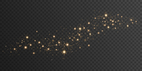 Light effect of dynamic golden magical dust isolated on dark transparent background. Christmas stardust. Vector illustration. - obrazy, fototapety, plakaty