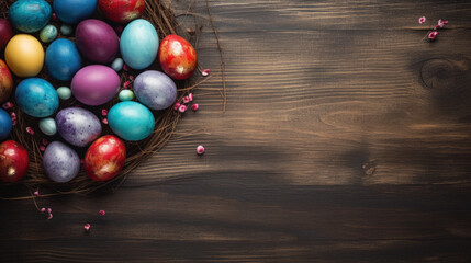 Colorful Easter eggs on the wooden background top view. Stylish spring template with space for text. Greeting card or banner