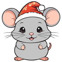 Tiny gray Mouse in Santa's hat