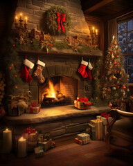 cozy scene of a fireplace adorned with crackling firewood and festive stockings, evoking warmth and holiday cheer - Generative AI