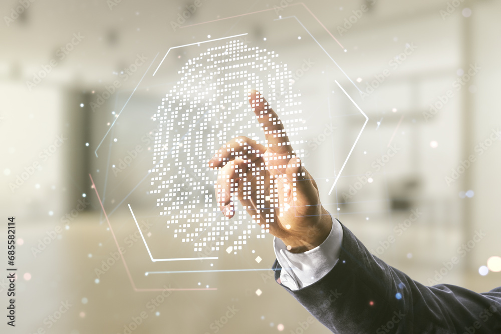 Poster man hand working with abstract virtual fingerprint hologram on blurred office background. multiexpos
