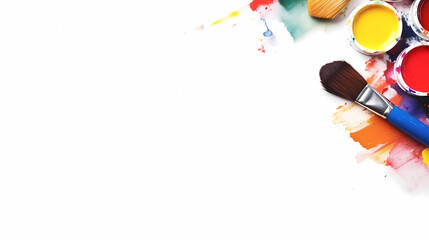 Close up of paints and brushes with copy space on white background