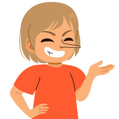 Obraz premium Little Boy Telling Lies having a big nose suffering from compulsive dishonest behavior. Naughty child misbehaving telling lies bad education concept