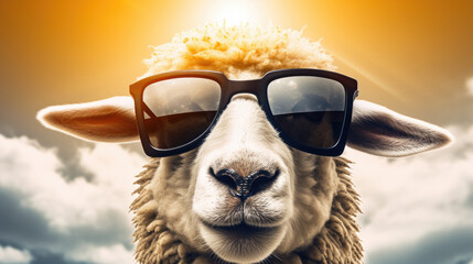 Sheep in sunglasses close-up. Anthopomorphic image. A fictional character for advertising and marketing. Humorous character for graphic design. - obrazy, fototapety, plakaty