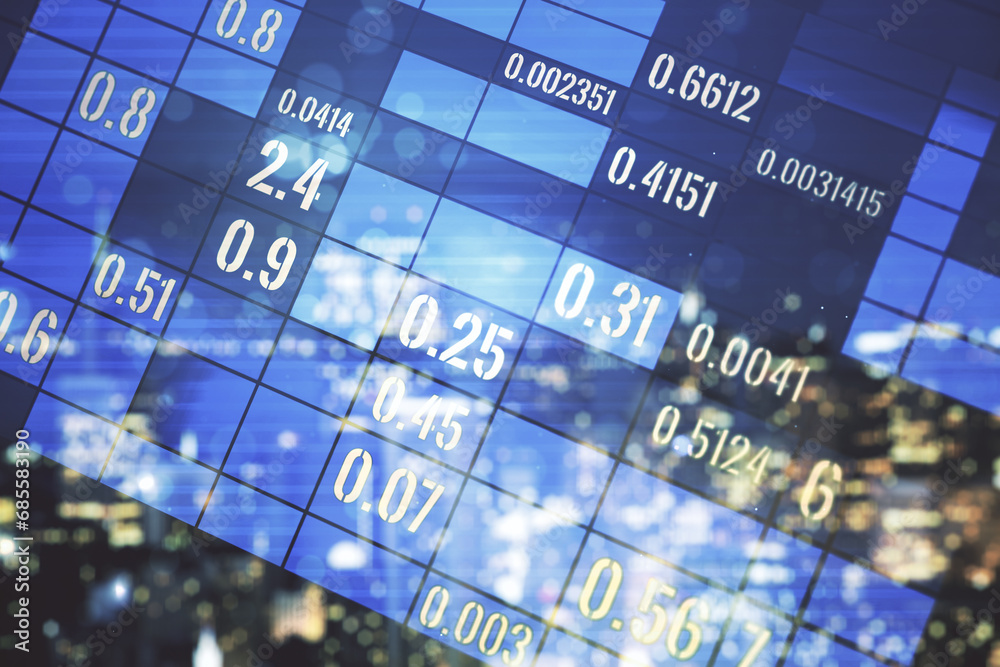 Poster Multi exposure of abstract statistics data hologram interface on blurry office buildings background, computing and analytics concept
