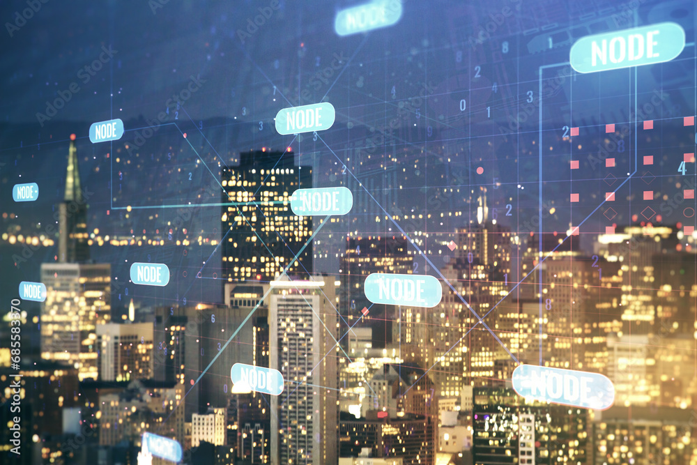 Poster abstract virtual coding concept on san francisco skyline background. multiexposure