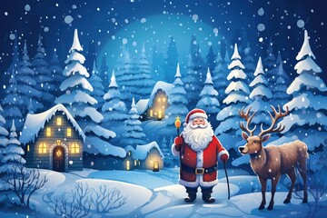 Magical night forest, Santa with reindeer in a winter wonderland.
