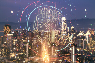 Double exposure of creative artificial Intelligence interface on San Francisco city skyscrapers background. Neural networks and machine learning concept