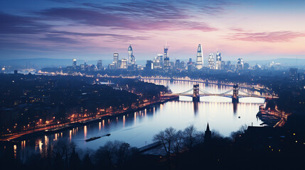 Panoramic view of a winter London city skyline at dusk, with the city lights reflecting off the icy...