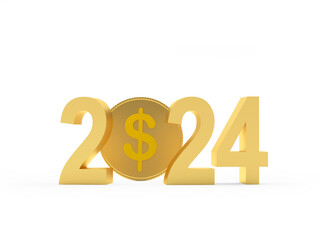 Number 2024 with gold dollar coin. 3D illustration
