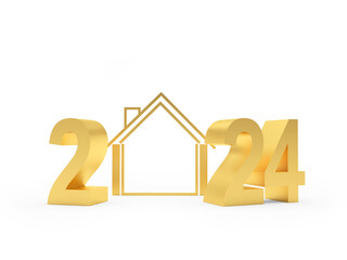 Golden number 2024 with house icon on white. 3D illustration