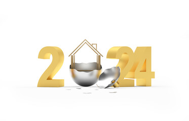Number 2024 with house icon in a broken Christmas ball. 3D illustration