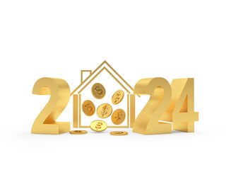 Golden number 2024 and house icon with coins inside. 3D illustration