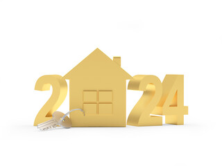 Number 2024 and golden house icon with key on white. 3D illustration