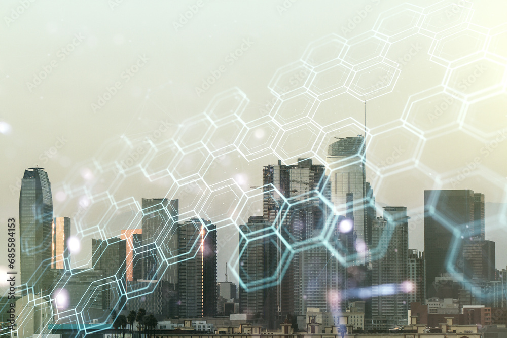 Poster double exposure of abstract virtual technology hologram with hexagon on los angeles city skyscrapers