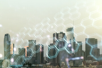 Double exposure of abstract virtual technology hologram with hexagon on Los Angeles city...