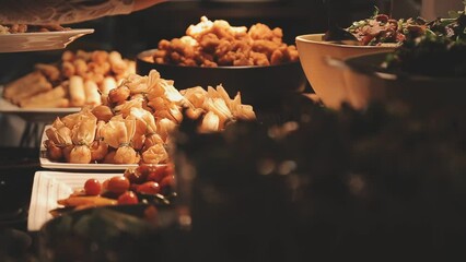 Food buffet catering lunch time seminar party with many hand of people in luxury restaurant