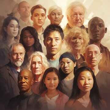 People of different ethnicities and ages. Hand drawn style
