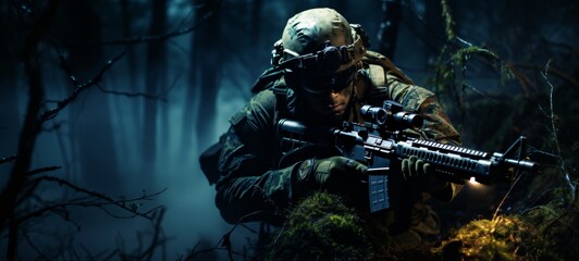 Night Military Operations - Soldiers in Low-Light, Night Vision Technology, Tactical Gear, Military Force - obrazy, fototapety, plakaty