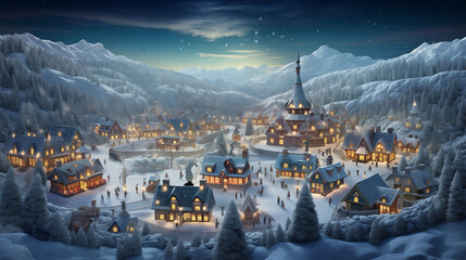 a whimsical scene of a snow-covered village adorned with twinkling lights and festive decorations, capturing the enchanting holiday atmosphere from an aerial perspective - Generative AI - obrazy, fototapety, plakaty