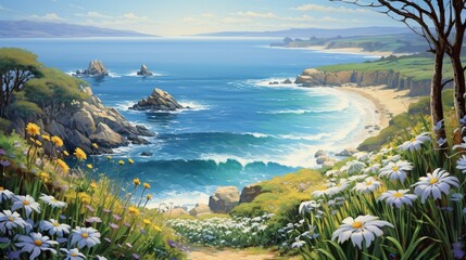 A lush coastal hillside blooming with spring flowers, descending towards a secluded cove with clear blue waters. - obrazy, fototapety, plakaty