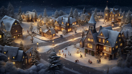 a whimsical scene of a snow-covered village adorned with twinkling lights and festive decorations, capturing the enchanting holiday atmosphere from an aerial perspective - Generative AI