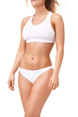 Fototapeta na wymiar Health, fitness and body of woman in underwear for wellness, skincare and diet in studio. Confidence, stomach and isolated person in lingerie for cosmetics, lose weight and beauty on white background