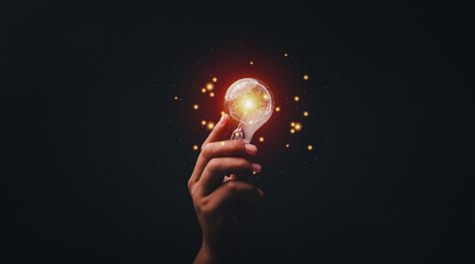 Idea concept. Hand of man holding illuminated light bulb, concept creativity with bulbs that shine...