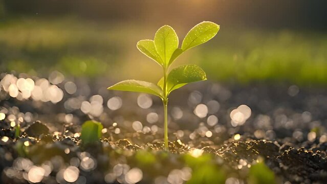 Single young plant growing up on ground with raining drop. Save the world environment concept. Seamless loop. Digitally generated AI video
