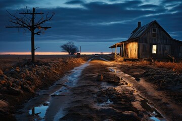 Beautiful view of countryside landscape of dreamlike, night cloudy sky over a rustic house in the American.