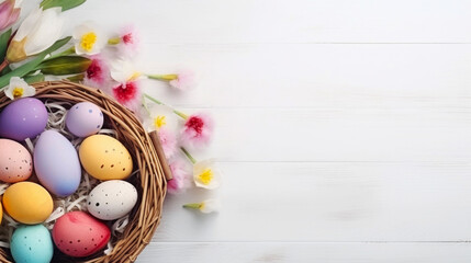 Fototapeta na wymiar Colorful Easter eggs in the basket on the white background top view. Stylish spring template with space for text. Greeting card or banner