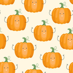 Vector Seamless Pattern with Cute Cartoon Funny Pumpkins. Children Healthy Nutrition Concept. Baby Vegetable Characters