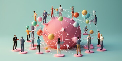 An interconnected web of diverse IT professionals collaborating on a shared project, with each individual contributing their unique expertise, surrounded. 3D Illustration, banner