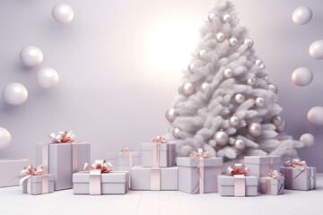 pastel silver minimal Christmas decoration podium 3d render with xmas tree and gift boxes minimal set design for cosmetics or product photography with copy space