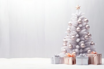 pastel silver minimal Christmas decoration podium 3d render with xmas tree and gift boxes minimal set design for cosmetics or product photography with copy space