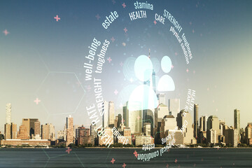 Abstract virtual people icons sketch on Manhattan cityscape background, life and real estate...