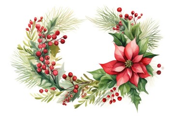 Christmas wreath green and red with poinsettia flower and holly watercolor illustration isolated on white background