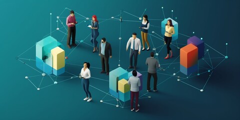 An interconnected web of diverse IT professionals collaborating on a shared project, with each individual contributing their unique expertise, surrounded. 3D Illustration, banner - obrazy, fototapety, plakaty