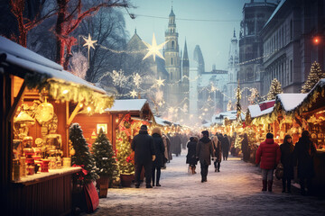 Winter market on a city square, selling seasonal goods, historical architecture covered in a...