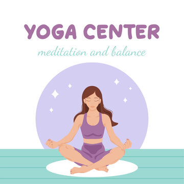 Girl sitting in lotus position, yoga center, meditation and balance