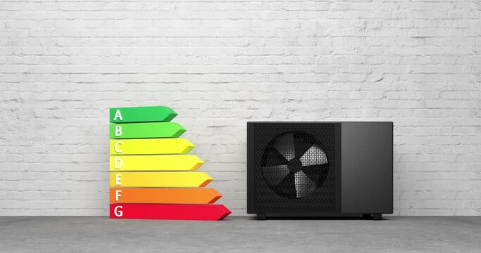 rotating fan of a heat pump energy as a heater and alternative energy - 3D Animation 4k 60 fps DCI seamless loop