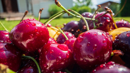 Close-up view of cherries harvest lying on green grass in garden. The concept of healthy food,...