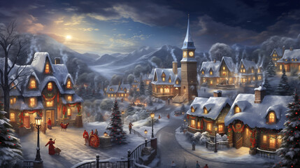 enchanting aerial view of a snow-kissed village adorned with twinkling lights, a majestic Christmas tree,  capturing the festive joy of the holiday season -Generative AI