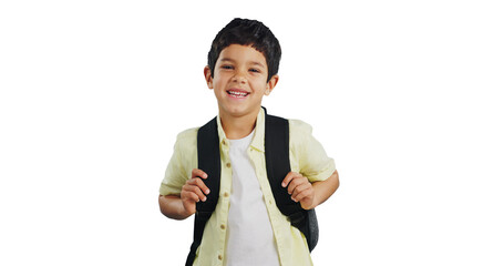 Isolated boy child, backpack and portrait with pride, smile and education by transparent png background. Kid, bag and happy for learning, development and progress at school, kindergarten or academy