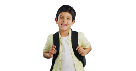 Isolated boy child, backpack and portrait with pride, smile and education by transparent png background. Kid, bag and happy for learning, development and progress at school, kindergarten or academy
