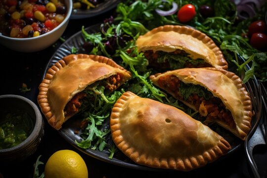 vegan argentinian empanadas with vegetables and rucola with sauce. Latin American hispanic cuisine.	
