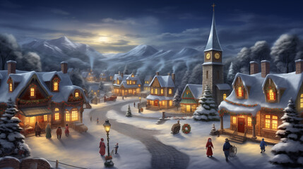 enchanting aerial view of a snow-kissed village adorned with twinkling lights, a majestic Christmas tree,  capturing the festive joy of the holiday season -Generative AI